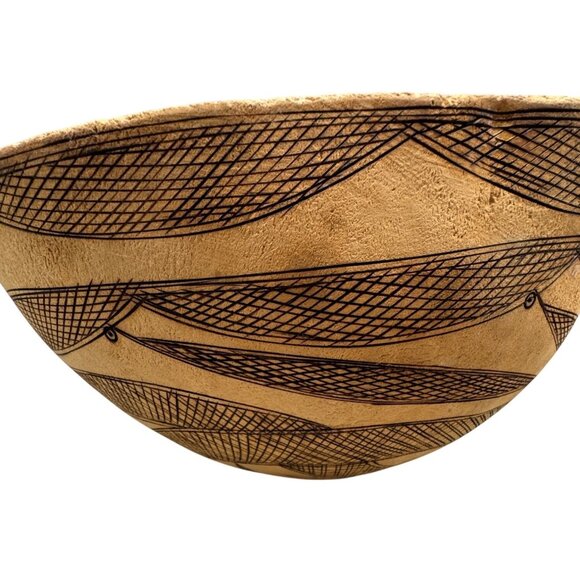 Handcrafted Gourd large Bowl With Intricate Black Geometric Designs 12x10" READ - Picture 1 of 12